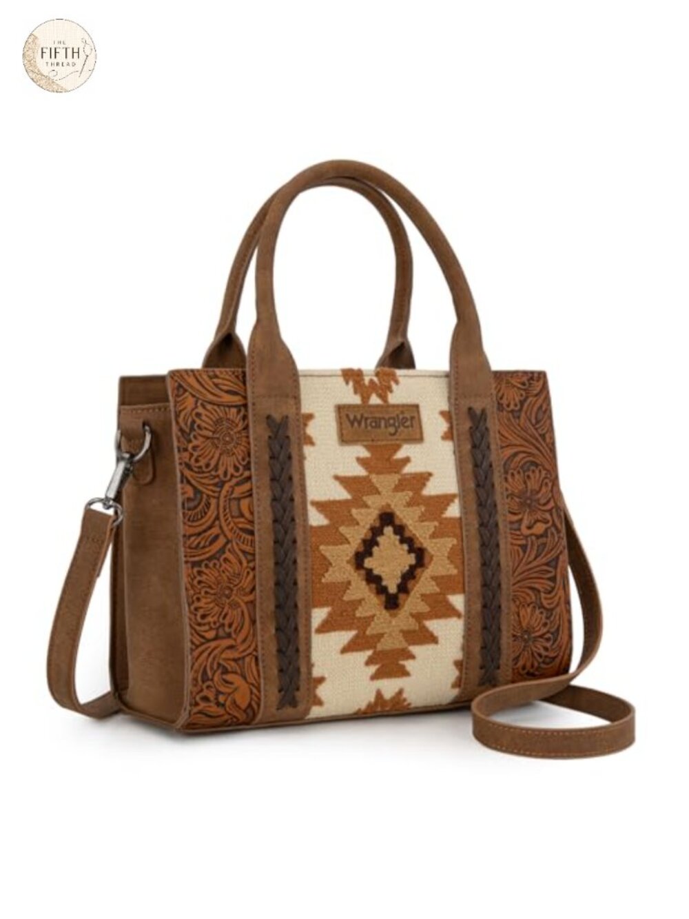 Genuine Leather Western Tote Bag with Aztec Tapestry Whipstitch Top Handle